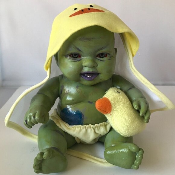 Custom Hand Painted OOAK Devil Child Demon Doll Green Halloween Horror Decor - Picture 1 of 16